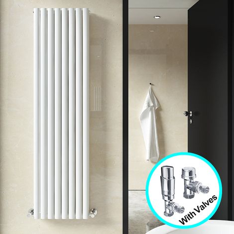 ELEGANT Central Heating Radiator 1800 x 472mm Vertical White Double Panel Oval Column Rad + Chrome Thermostatic Radiator Valves (1/5)