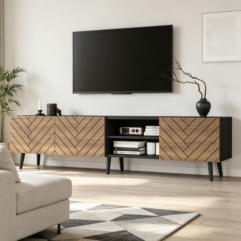 Meuble TV 180 cm bas moderne, table TV avec fermeture amortie et passe-câbles intégré, support mural pour salon, meuble de rangement avec portes, banc télé 45 cm de haut. (1/5)