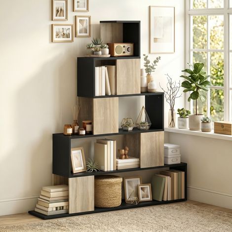 Étagère de rangement, bibliothèque géométrique à 5 niveaux, pour bureau, salon, chambre, noir et bois naturel (1/5)