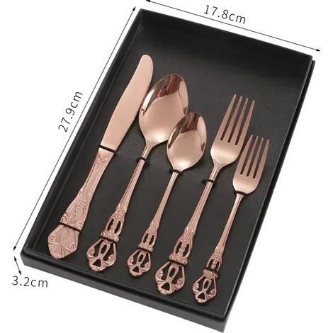(Or rose, 5 pièces) Ensemble de couverts en acier inoxydable, cuillère et fourchette de style royal européen, design vintage, compatible lave-vaisselle (1/2)