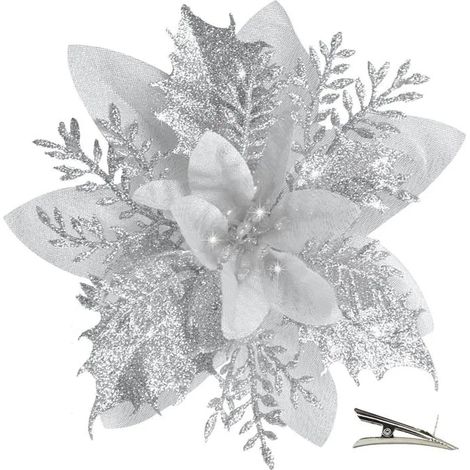20 Pièces Fleur de Noël pour Sapin avec Clip, Fleurs de Noel Artificielles Glitter, Fleur Poinsettia Noel Sapin de Scintillantes (1/5)