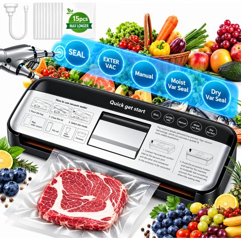 Zosudull - Machine Sous Vide Alimentaire - 85KPa machine à sceller les aliments entièrement automatique en un clic - ligne de chauffage de 7 mm compacte et facile à nettoyer-comprend 15 sacs