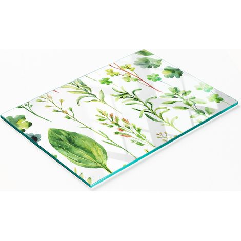 Tagliere e vassoio decorativo in vetro con motivo erbe aromatiche e piante erbacee, 80x52 cm. (1/5)