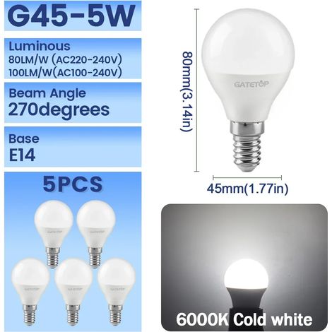 (G45 6000K, AC220-240V) Lot de 5 ampoules LED, culot E14, sans scintillement (1/3)