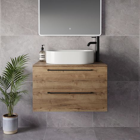 Napoli 460 Tobacco Oak 800mm Wall Mounted 2 Drawer Vanity Unit for Countertop Basins - 800mm - Matt Black 480mm Handle