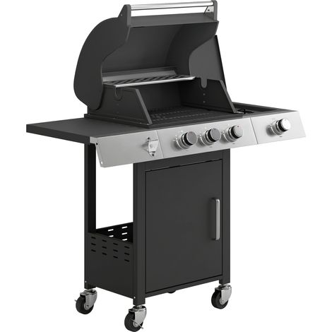 Barbecue a Gas 109x50x109 cm con 3 Fuochi e Bruciatore Laterale in Acciaio Inox e Metallo Nero (1/5)