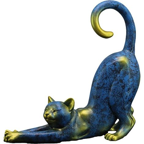 Statue de Chat en Résine, Statue de Chat Mignon étirée, Artisanat de Abstraite Moderne Créative, Utilisé pour la Décoration de la Maison et du Jardin et des Cadeaux pour Les Amants de Chat (Bleu)