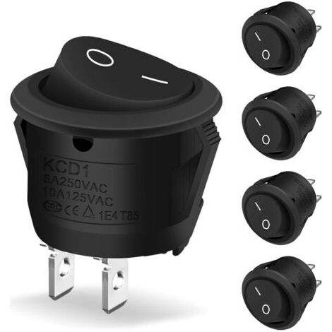 Lot de 5 interrupteurs à bascule ronds à 2 broches ON/OFF verrouillables avec auto-blocage 10 A/125 V 6 A/250 V Noir Pour voiture, bateau, appareils ménagers (1/5)