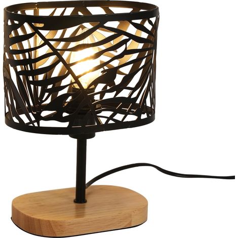 Lampe de table en fer perforé blanc et base en bois - Douille E14, luminaire design industriel pour salon ou bureau (ampoule non fournie) (1/5)
