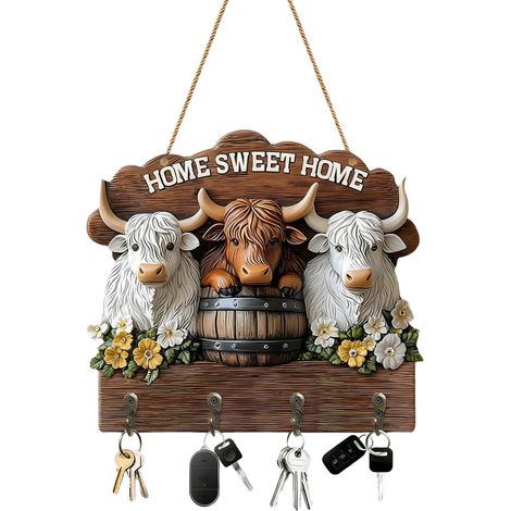 Mural Support Pour Clés 2D Plat En Forme De Vache Avec 4 Crochets Crochet en Bois pour Salle de Bain pour Entrée, Salle de Bain, Chambre, Bureau, Appartement, Maison, Cuisine, Placard, (1/5)