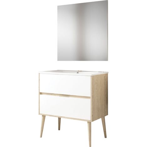 Kibath Mueble de baño con Lavabo, Espejo y Aplique LED NORUEGA 70x45 cm acabado ROBLE y BLANCO mate 2 cajones suspendido (1/5)