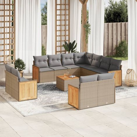 Salon de jardin en résine tressée beige 12 places avec table acacia et coussins gris 1 table, 6 canapés accoudoirs, 1 angle, 4 sièges centraux (1/5)