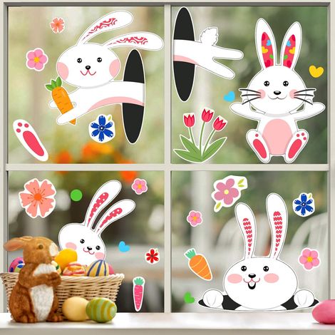 Autocollants Fenêtre Pâques - Lapin Oeuf Empreinte 86 Pièces - Décoration Fête Printemps - Réutilisable Sans Résidu - 4 Feuilles (1/5)