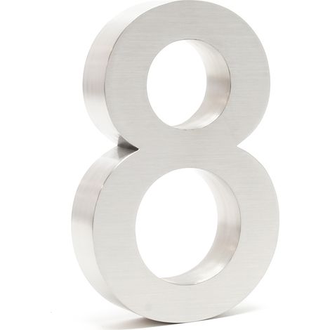 Wiltec Número de casa "8" acero inoxidable 20 cm moderno diseño 3D tipo Arial para fachadas y exteriores de casas de casas, material de montaje incluido (1/5)