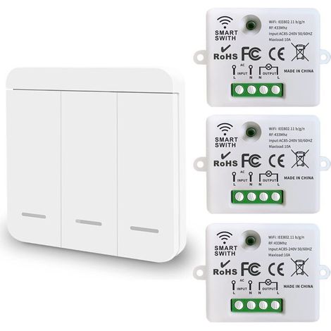 Mini WiFi Wireless Switch with RF Remote Control, 2500W, 10A, 3 Receivers with 1 Wireless Wall Switch, Smart Control via Tuya App, Compatible with Alexa/Google Home (1/4)