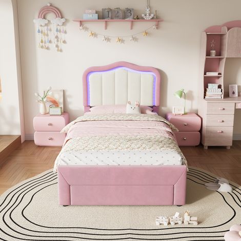 Lit enfant 90x200 cm avec LED, tête de lit avec dossier blanc, tiroir de rangement, lit rembourré Velours Rose (1/5)