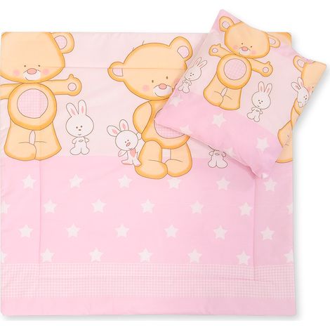 Kinderwagenbettwäsche mit Füllung, Bettdecke und Kissen – Rosa Kuschelbär