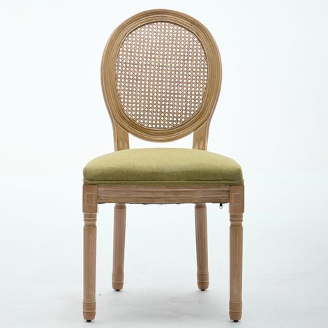 Chaises de salle à manger de style français, structure en bois massif, revêtement en lin et dossier en rotin, lot de 2, vert olive, DE1843OL (1/5)