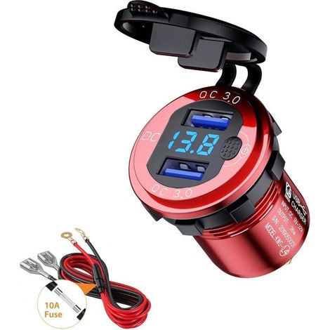 Quick Charge QC 3.0 USB Car Charger Dual Port Waterproof Adapter 36W Fast Charging with LED Digital Voltmeter for Boat, Motorcycle, ATV, Bus, Truck, SUV 9V to 32V (Red) (1/5)