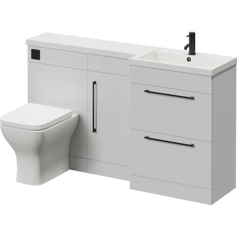 Napoli 390 Gloss Grey Pearl 1500mm 2 Drawer Vanity Unit Toilet Suite with Right Hand Square Lucia Basin - 1500mm - Matt Black 320mm HandleWith Kingston Toilet Pan and Seat