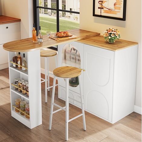 Set de bar de cocina con mesa isla, almacenaje y 2 taburetes, blanco DESVIAE (1/5)