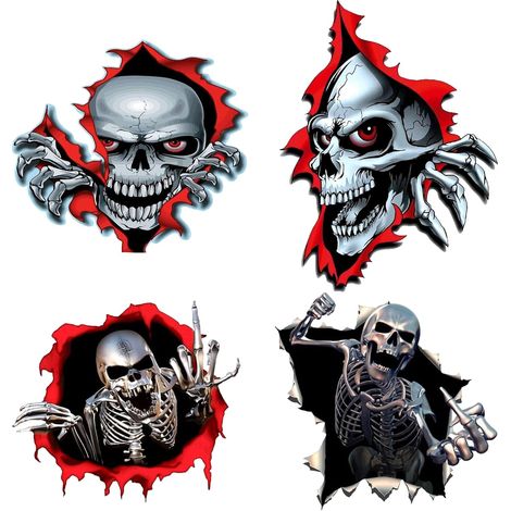 Autocollant Déchiré Tête de Mort, 4 Pièces Crâne Tête de Mort Skull Horreur Stickers Décalque Autocollant Sticker pour Voiture Véhicule Automobile Autocollant (1/5)