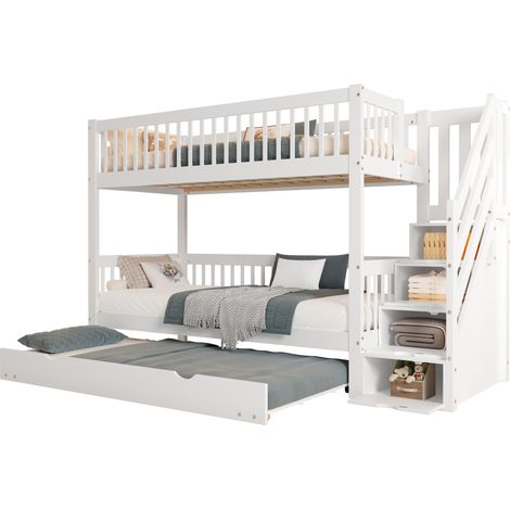 Lit superposé enfant 90x200 cm avec lit gigogne 90x190, escalier de rangement avec main courante, barrières de sécurité, blanc, bois et MDF  CHICFURN (1/5)