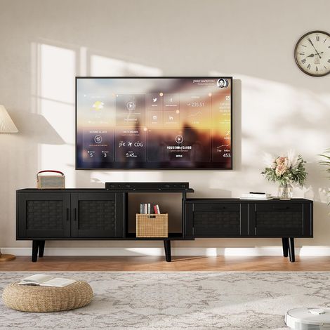 JOOKGBD-TV-Schrank 180x30x44 cm,Fernsehschrank mit 2 Türen und 2 Schubladen, Rattan Lowboard für 75-Zoll-Fernseher, TV-Kommode mit offenen Fächern,Wohnzimmer,skandinavischer Boho-Stil,Schwarz (1/5)