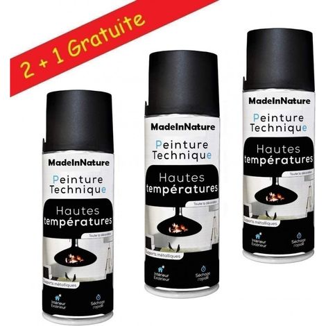 Lot de bombes de peinture, spray Hautes températures ou radiateurs, Intérieur et Extérieur, 400 ml - Noire haute température - Lot de 3. (1/4)