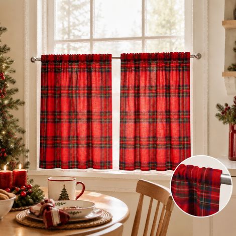 HEMVOR Lot de 2 rideaux voilages 62 × 64 cm – Polyester léger – passe-tringle, Noël – carreaux tartan, rouges (1/5)