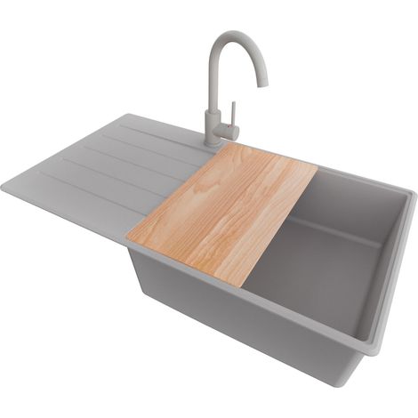 PRIMAGRAN Evier Cuisine en Granit 90x50cm, Lavabo 1 bac + Robinet 32x20cm + Kit de Vidage + Accessoire, Évier à Encastrer au meuble 60cm - Copenhague, Gris (1/5)
