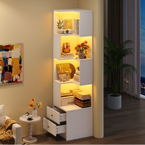 Libreria ad angolo 45x43.5x180 cm, design L, illuminazione LED controllata da APP, 4 ripiani, 2 cassetti, MDF bianco (1/5)