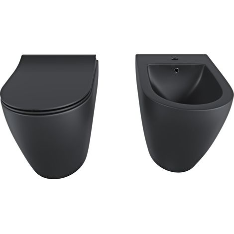 Coppia Di Sanitari Filomuro Vaso WC Rimless Tornado Flush Senza Brida Bidet Moderno In Ceramica Copriwater Soft Close Chiusura Rallentata Nero Opaco (1/5)