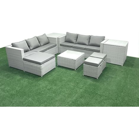 Fimous Ensemble de meubles de jardin en rotin 9 places Ensemble de canapés de jardin avec 3 Tabourets 2 Tables d'appoint Gris clair mixte (1/5)