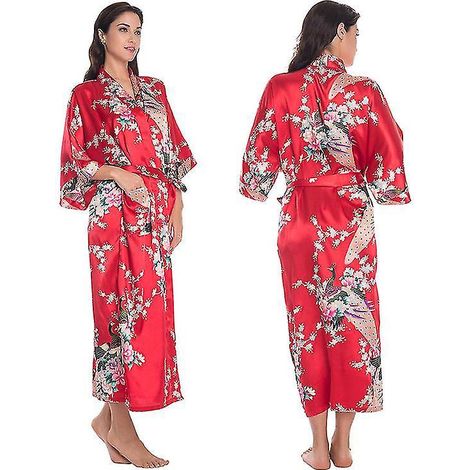 Langer Damen-Bademantel im Kimono-Stil aus weichem, luxuriösem Seidensatin, Morgenmantel, Nachthemd – Größe M – Rot
