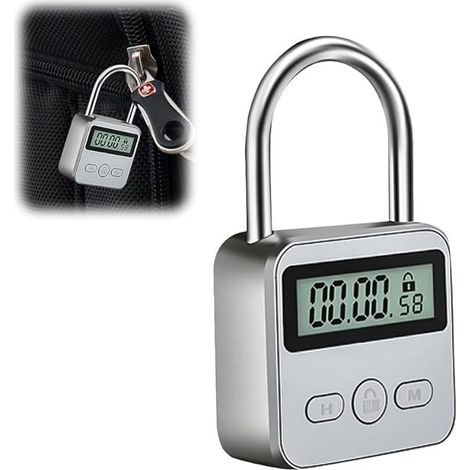 Kofferschloss mit Display, LCD-Bildschirm, USB-wiederaufladbares Zahlenschloss mit Timer zur Vorbeugung schlechter Angewohnheiten (Silber) (1/5)