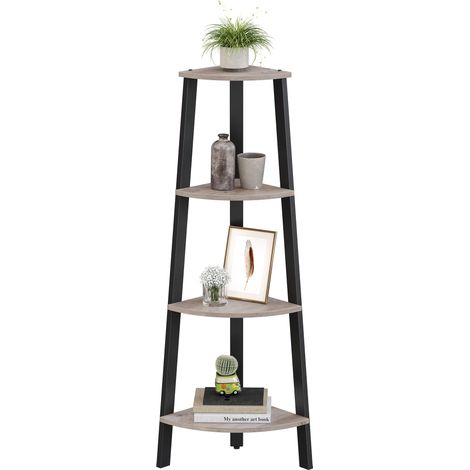 Étagère d'angle, Bibliothèque 4 Niveaux, Étagère Échelle, Meuble de Rangement, Porte-Plante pour Salon, Style Industriel, avec Cadre en Acier, Grège et Noir (1/5)