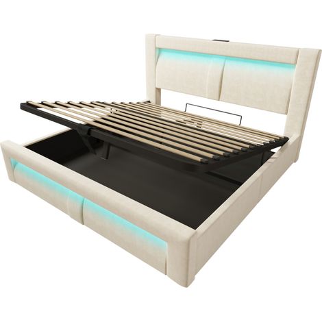 Cama canapé 160x200 cm de terciopelo beige con LED USB y USB-C cabecero curvo HOMVRA (1/5)