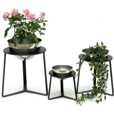 DanDiBo Blumenhocker Metall mit Topf Schwarz Silber Blumenständer 96091 3er Set Blumensäule Modern Pflanzenständer Pflanzenhocker