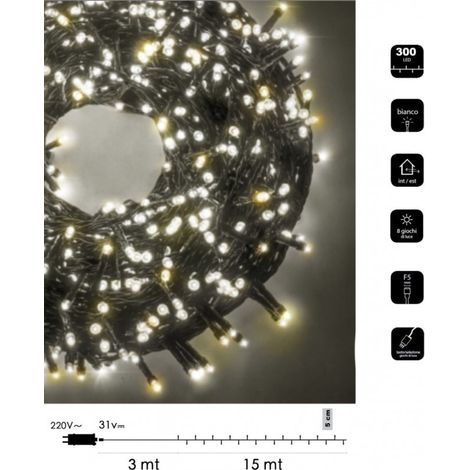 Catena Luminosa bicolore Natale 300 led 15 mt serie luminosa natalizie cavo verde albero feste luce bianco rosso blu calda Bianco- Caldo