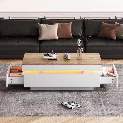 Table basse 100 x 50 x 35 cm avec 2 tiroirs, table d'appoint LED laquée brillante, table à thé, console, table de salon, table basse, blanc et bois. (1/5)