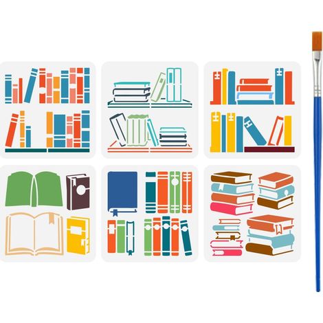 6 Pièces Pochoirs de Livre avec un Pinceau 15x15cm Pochoirs Lecture Ensemble de Pochoir pour Décoration Bibliothèque Gabarits Dessin Réutilisables pour Décor Maison DIY Bois Mur Tissu (1/5)