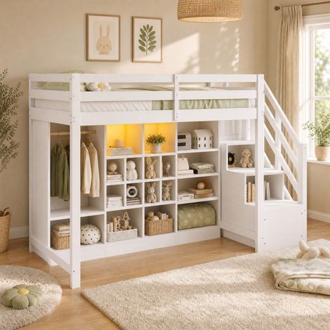 Letto a soppalco 90 x 200 cm bianco con armadio, scaffali, scala laterale e luci LED (1/5)