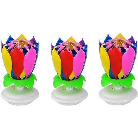 Lot de 3 bougies musicales d'anniversaire multicolores en forme de lotus avec rotation (1/5)