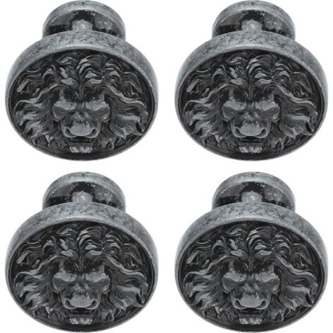 4 pezzi Maniglia per porta dell'armadio in lega a forma di testa di leone, moderna, antica, con cartone animato, solida, con foro singolo, fibbia circolare, 399 argento antico a forma di testa di leon (1/5)