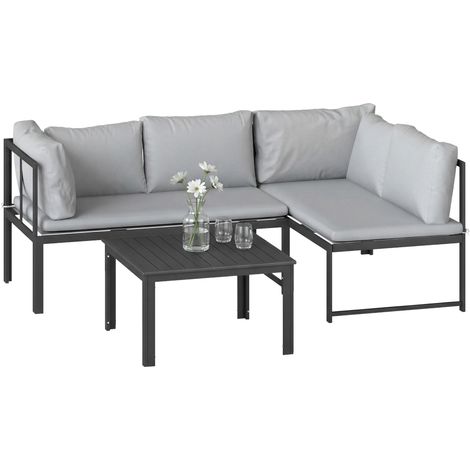 Ensemble de jardin 3 pièces comprenant un canapé d'angle 4 places et une table basse à lattes, en métal et polyester gris
