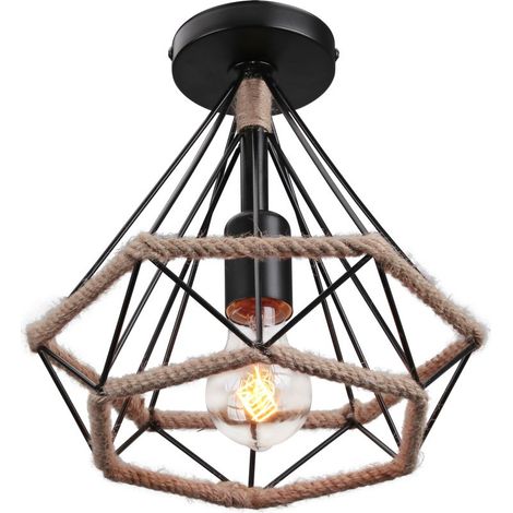 Lampe De Plafond En Corde De Chanvre Luminaire Plafonnier Rétro Plafonnier Diamant Noire Pour Bureau, Couloir, Restaurant, Loft, Bar, Café, 25CM (1/5)
