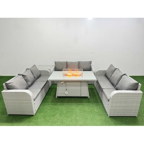 Fimous PE Rattan Lounge Sofa Set 9 Seater Outdoor Garden Furniture Set with Firepit Dining Table 3 Seater Sofa Side Table Light Grey (1/4)
