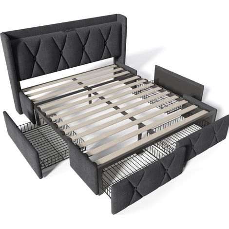 Bett mit Stauraum 140x200 cm grau mit 4 Schubladen, gepolstertem Kopfteil und USB-Anschlüssen