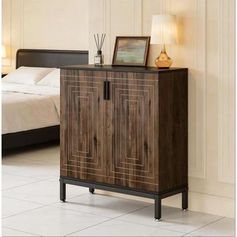 Scarpiera 80x38x95 cm, 2 ante con ripiani removibili, spazio nascosto, MDF e metallo, nero e marrone chiaro (1/5)